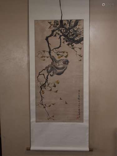 CHINESE INK AND COLOR SCROLL PAINTING OF MONKEY