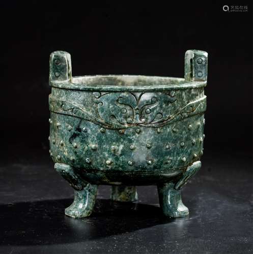 CHINESE JADE STONE CARVED TRIPOD CENSER