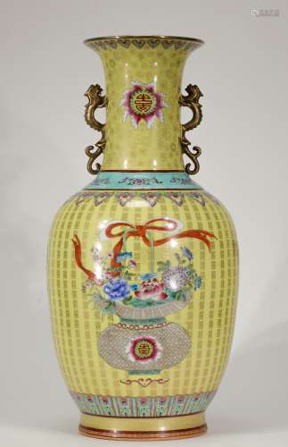 Chinese Yellow Glazed Famille Rose Vase