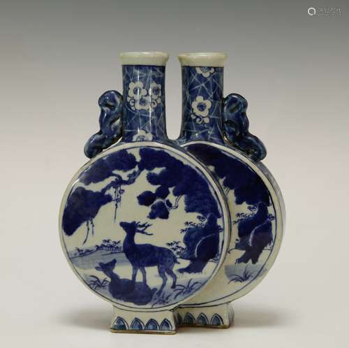 Chinese Blue/White Double Vase Depicting Animal