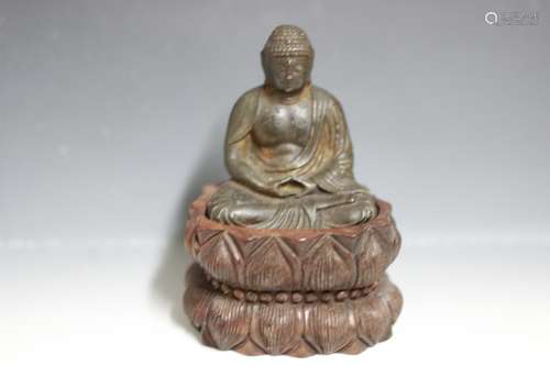 Chinese Bronze Seating Buddha with Wood Base