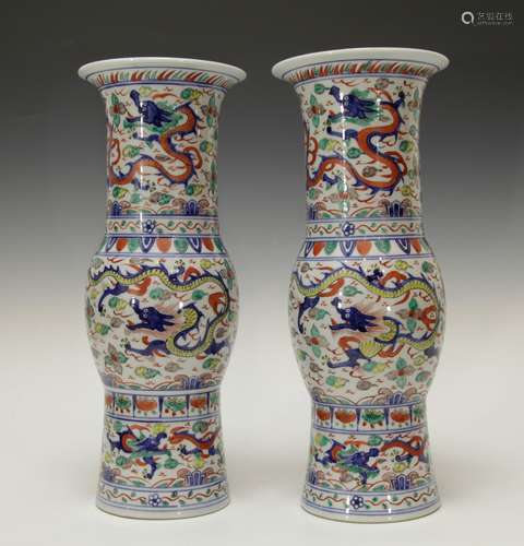 Pair of Chinese Famille Verte Gu Vase