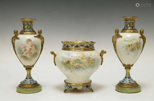 3 Pieces Sevres Porcelain & Enamel Garniture