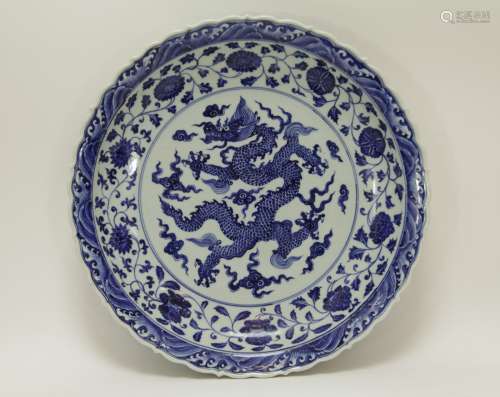 Chinese Blue/White Porcelain Charger w/ Dragon