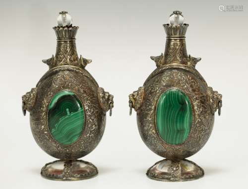 Pair of Silver & Crystal & Malachite Vases