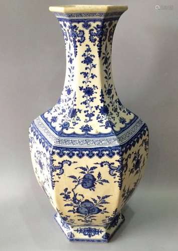 Chinese Hexagonal Blue/White Porcelain Vase