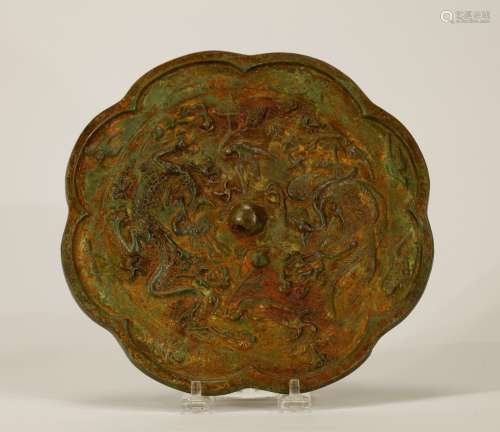 Chinese Antique Bronze Mirror w/ Dragon&Phoenix