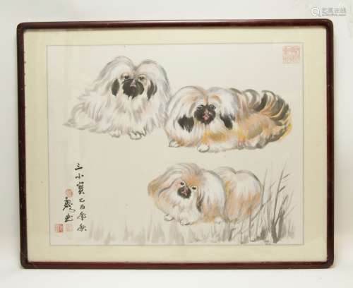 Chinese Watercolor Painting of 3 Dogs