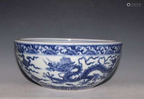 Large Chinese Blue/White Porcelain Dragon Bowl
