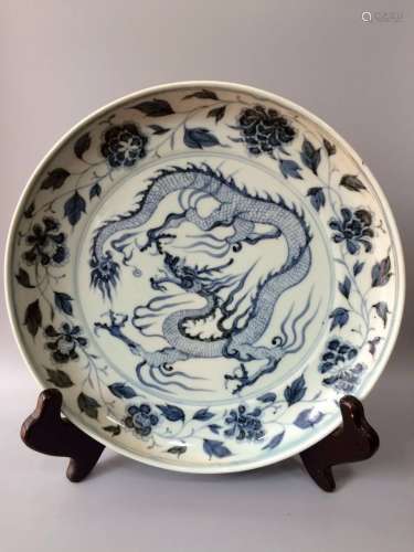 Chinese Blue/White Dragon Floral Porcelain Charger