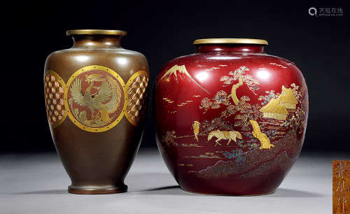 19世纪 日本铜刻团花瓶、山水纹罐 （一组二件）