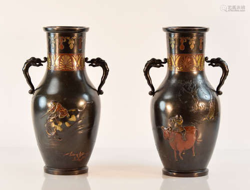 Pair Japanese Mixed Metal Vases with Boy Riding Ox Scene