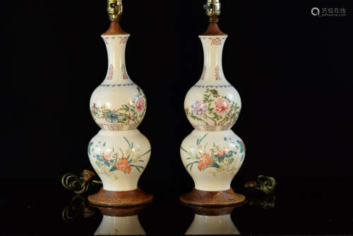 Pair Chinese Double Gourd Porcelain Vase Lamps
