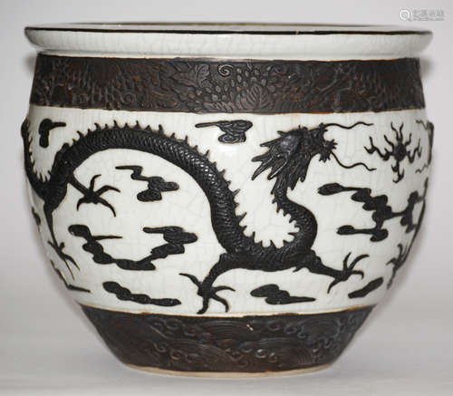 Chinese Porcelain Crackle Fish Bowl with Dragon Motif