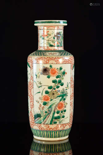 Chinese Famille Verte Porcelain Rouleat Vase
