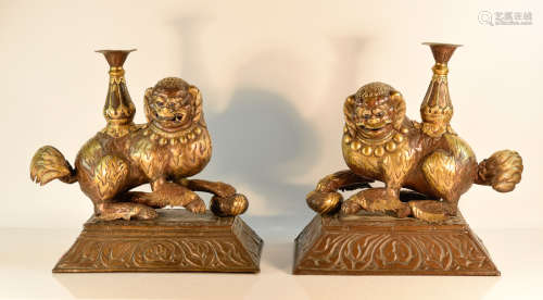 Tibetan Chinese Pair of Gilt Bronze Buddhist Foolions