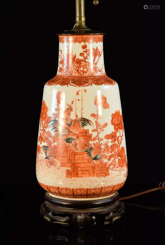 Chinese Porcelain Lamp with Rooster Scene