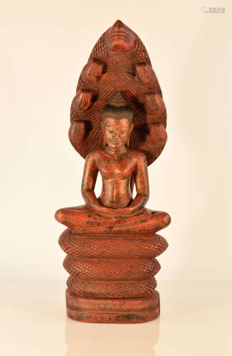 Antique Burmese Wood Buddha - Naga