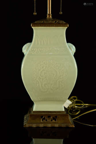 Chinese Celadon Porcelain Lamp with Bat Handle