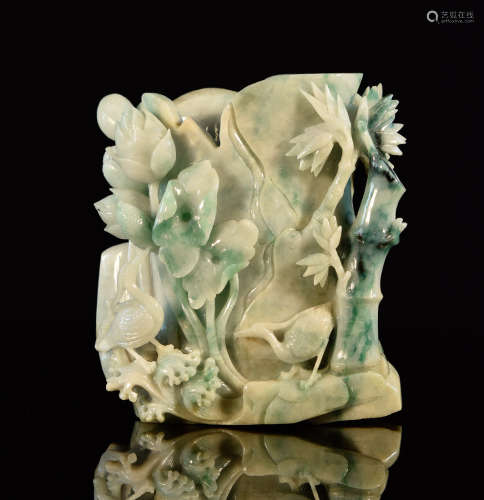Chinese Jadeite Brush Pot with Lotus Scene