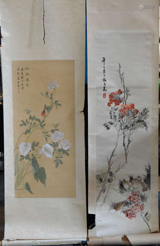 Two Chinese Scroll Painting and Embroidery