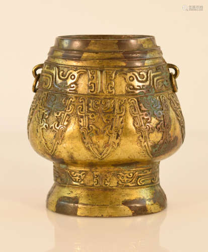 Chinese Bronze Hu Vase with Gold Splash