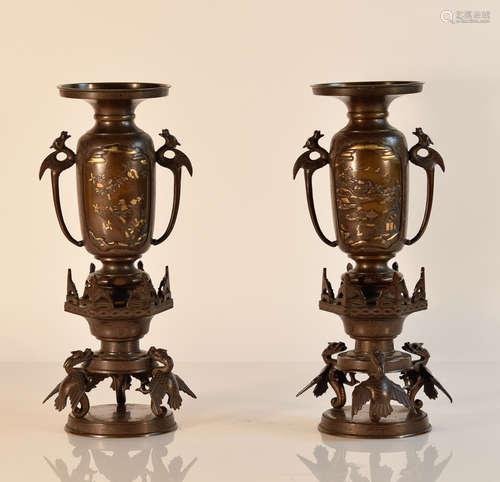 Pair Japanese Mixed Metal Vases Ikebanna