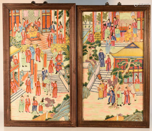 Pair Chinese Export Porcelain Plaque with Figural Scene