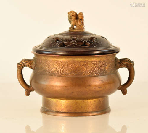 Chinese Bronze Censer with Wood Cover