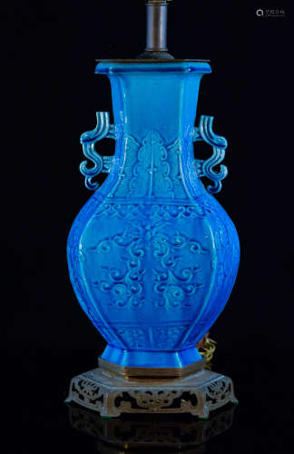 Chinese Peacock Blue Porcelain Vase Lamp