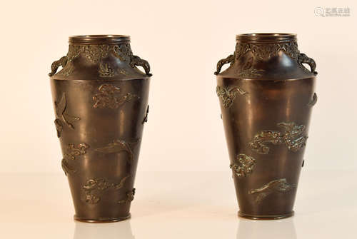 Pair Japanese Bronze Vases with Crane Motif