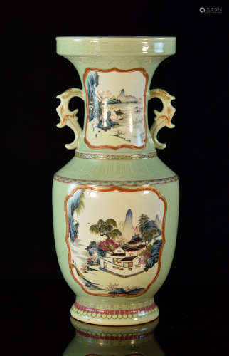 Chinese Famille Rose Porcelain Vase with Landscape Scene in Reserve