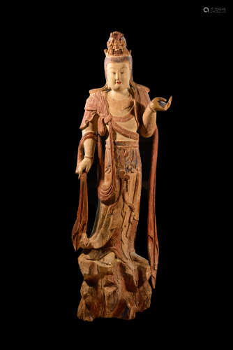 Chinese Carved Wood Kuanyin with Polychrome Pigment