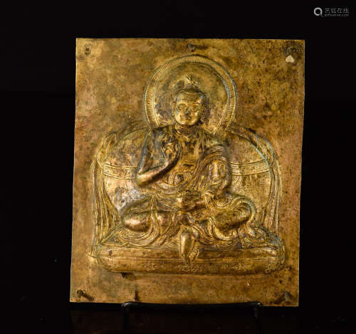 Tibet Gilt Copper Repousse Plaque of a Lama