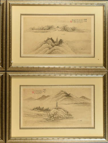 Pair Chinese Landscape Painting in Frame