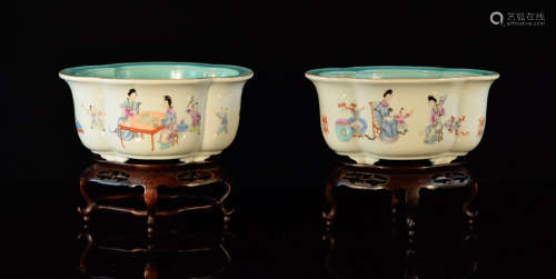 Pair Chinese Porcelain Lobbed Planter with Children Playing Scene