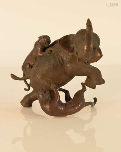 Japanese Bronze Elephant Group with Tigers