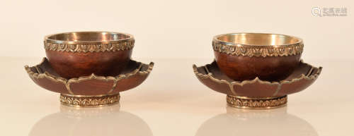 Pair Tibetan Silver and Wood Ceremonial Lotus Bowls