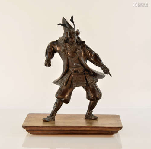 Japanese Bronze Samurai Figurine on Wood Base