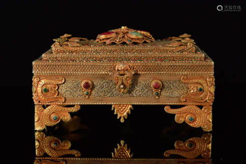 Unusual Burmese Bronze Box with Ruby Hard Stone Inlay
