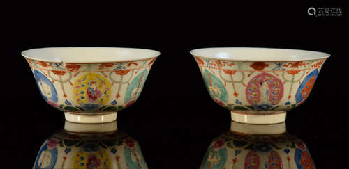 Pair Chinese Famille Rose Porcelain Bowls with Manchuria Mark