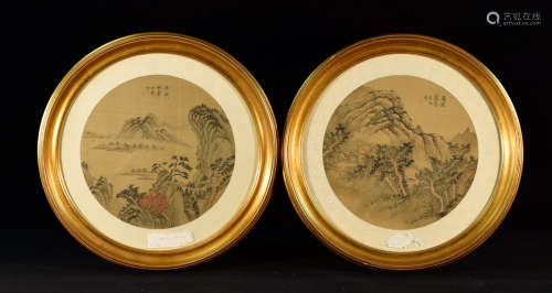 Pair Chinese Round Fan Painting in Frame