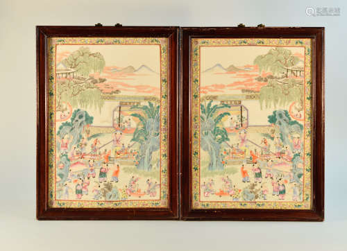 Pair Chinese Porcelain Plaques with Children Playing Scene