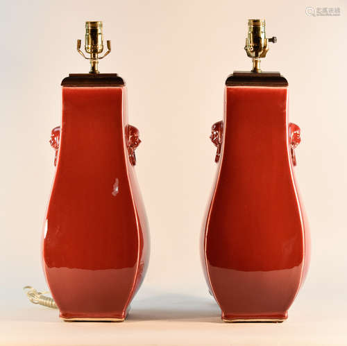 Pair Chinese Oxblood Porcelain Vases Lamp