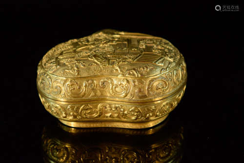 Chinese Gilt Bronze Peach Formed Box with Figural Scene