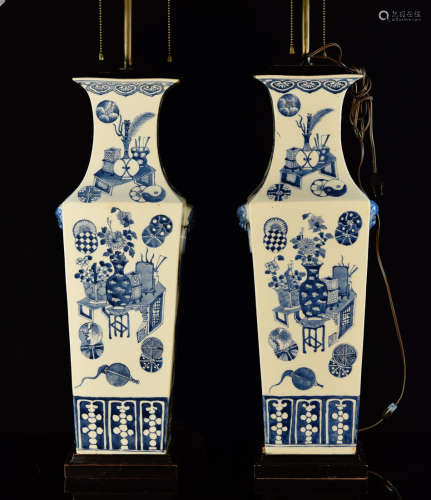 Pair Chinese Blue White Porcelain Vase Lamp