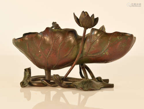 Japanese Bronze Lotus Brush Washer with Frog