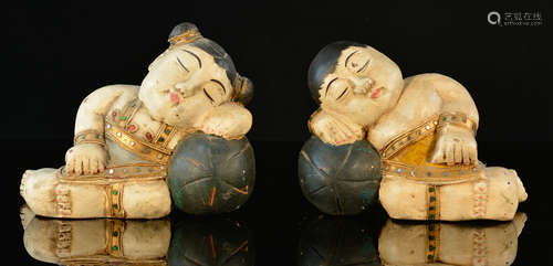 Two Carved Asian Wood Boy and Girl