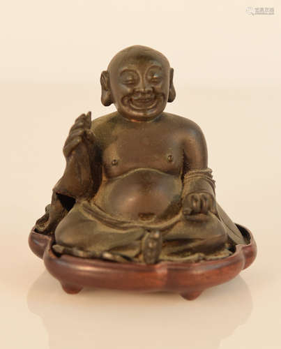 Chinese Bronze Hotei Buddha with Rosewood Base