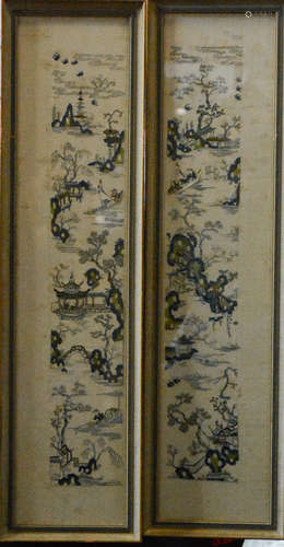 Pair Chinese Embroidery Stich of Scholar Boating Scene - Taiping